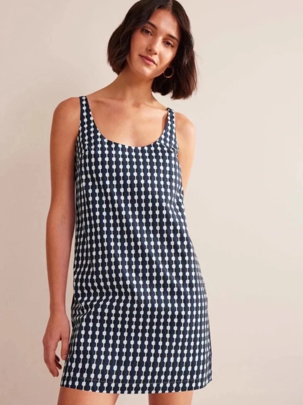 Boden Scoop Neck Shift Dress 12R Navy Geo Azure Cotton Geometric Mini